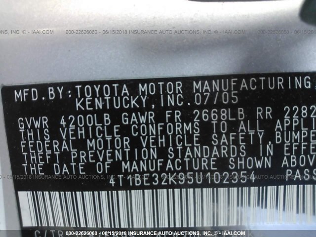4T1BE32K95U102354 - 2005 TOYOTA CAMRY LE/XLE/SE SILVER photo 9