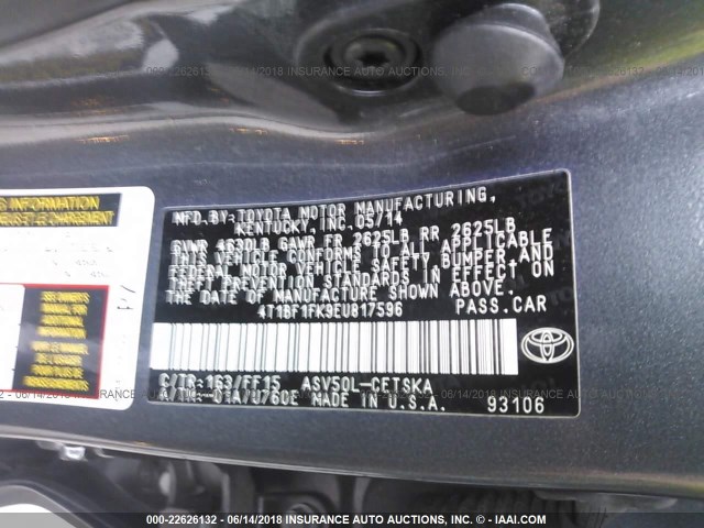 4T1BF1FK9EU817596 - 2014 TOYOTA CAMRY L/SE/LE/XLE GRAY photo 9