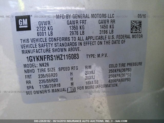 1GYKNFRS1HZ116083 - 2017 CADILLAC XT5 PLATINUM GOLD photo 9