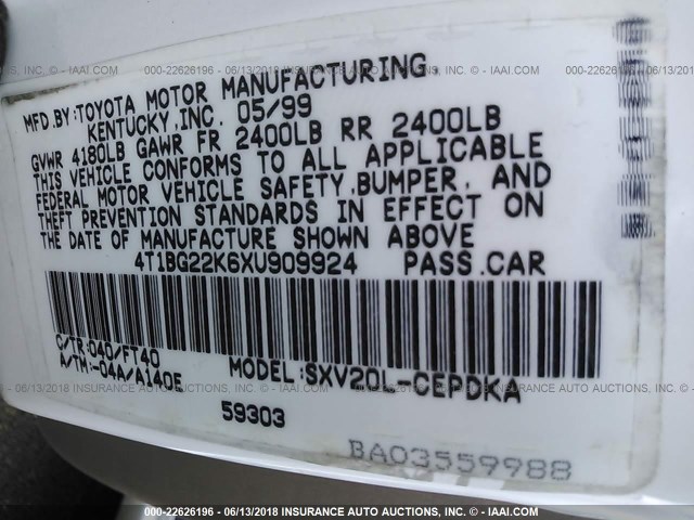 4T1BG22K6XU909924 - 1999 TOYOTA CAMRY CE/LE/XLE WHITE photo 9