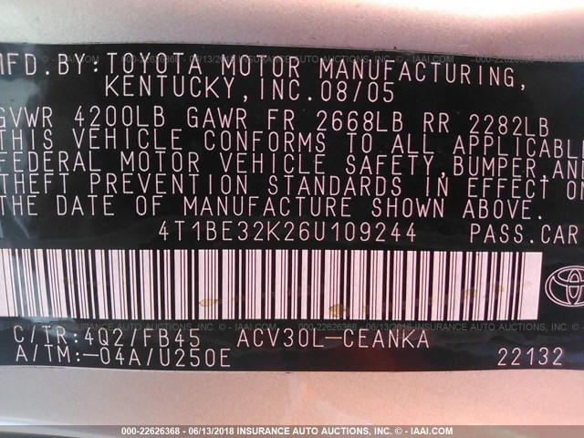 4T1BE32K26U109244 - 2006 TOYOTA CAMRY LE/XLE/SE ოქროსფერი ფოტო 9