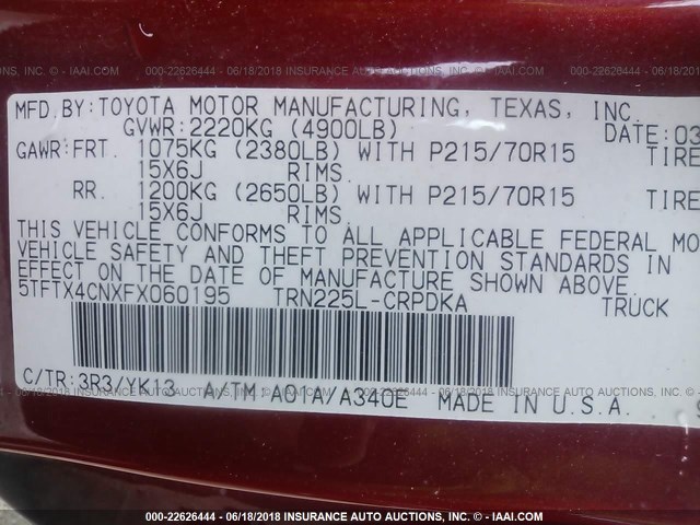 5TFTX4CNXFX060195 - 2015 TOYOTA TACOMA ACCESS CAB Rot Foto 9