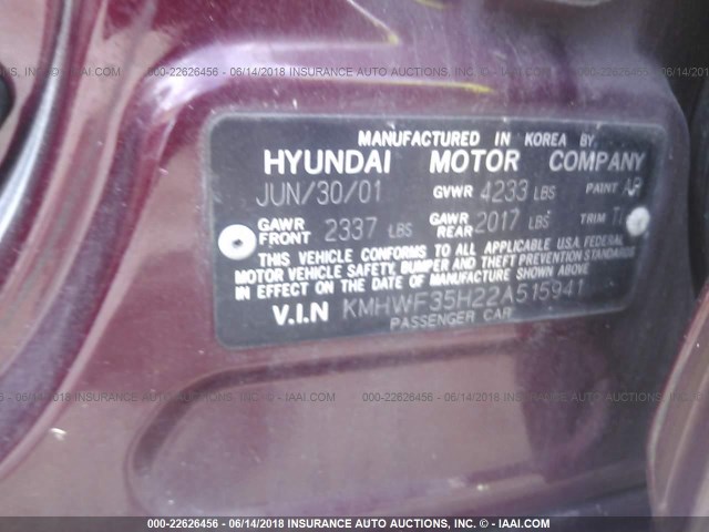 KMHWF35H22A515941 - 2002 HYUNDAI SONATA GLS/LX MAROON photo 9