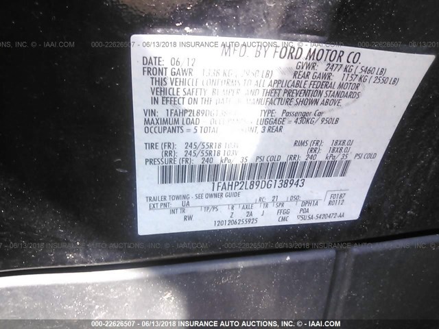 1FAHP2L89DG138943 - 2013 FORD TAURUS POLICE INTERCEPTOR BLACK photo 9