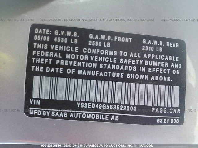 YS3ED49G563522303 - 2006 SAAB 9-5 SILVER photo 9