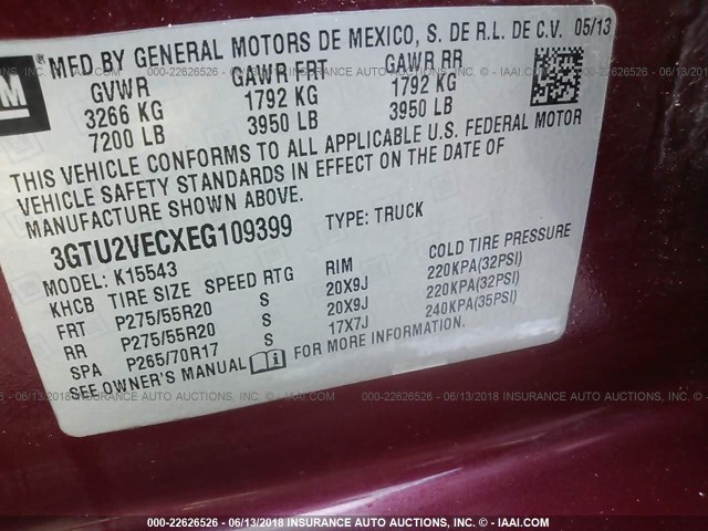 3GTU2VECXEG109399 - 2014 GMC SIERRA K1500 SLT MAROON photo 9