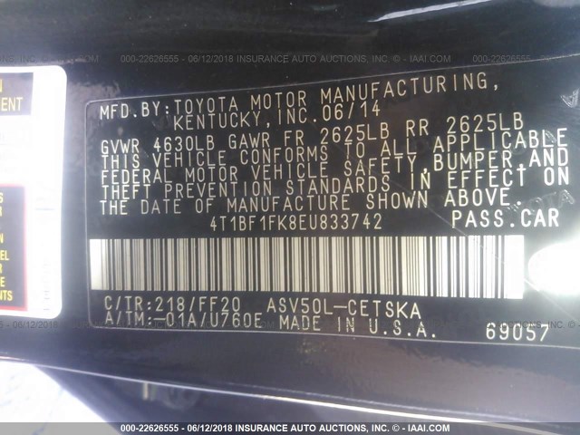 4T1BF1FK8EU833742 - 2014 TOYOTA CAMRY L/SE/LE/XLE 黑色 照片 9