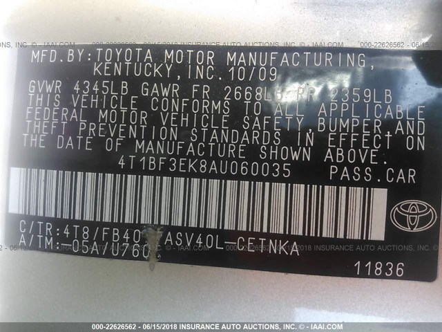 4T1BF3EK8AU060035 - 2010 TOYOTA CAMRY SE/LE/XLE GOLD photo 9