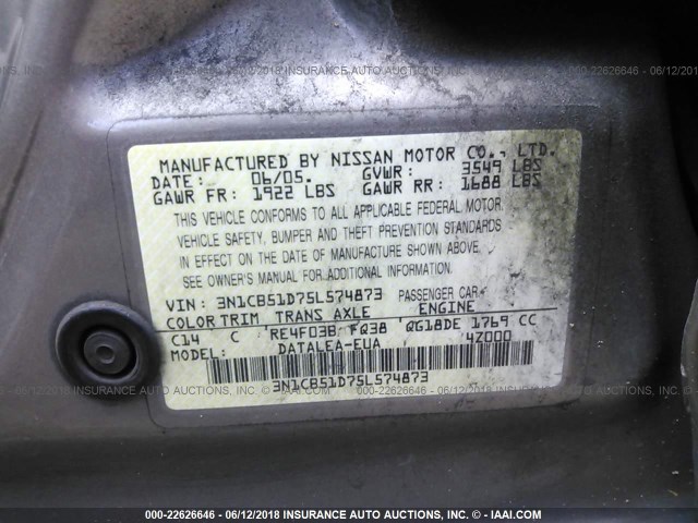 3N1CB51D75L574873 - 2005 NISSAN SENTRA 1.8/1.8S GOLD photo 9