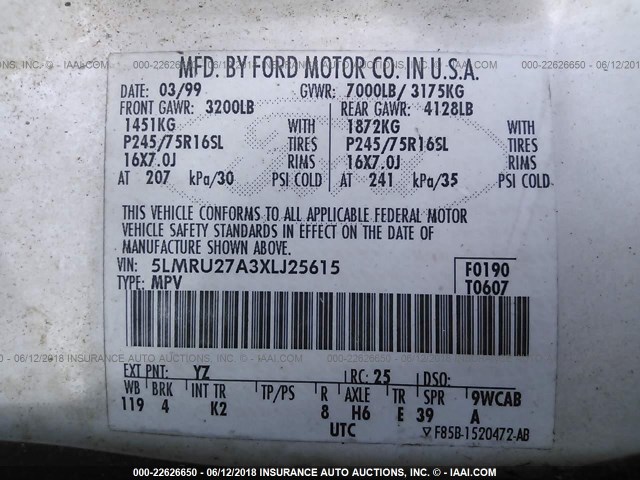 5LMRU27A3XLJ25615 - 1999 LINCOLN NAVIGATOR WHITE photo 9