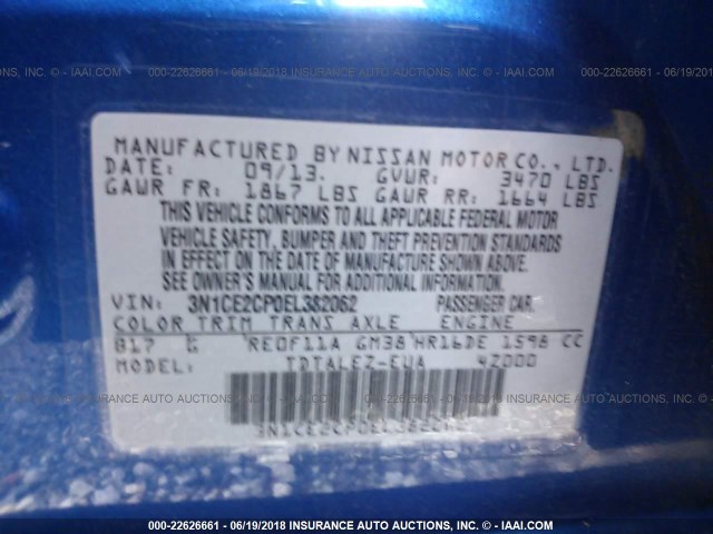 3N1CE2CP0EL382062 - 2014 NISSAN VERSA NOTE S/S PLUS/SV/SL BLUE photo 9