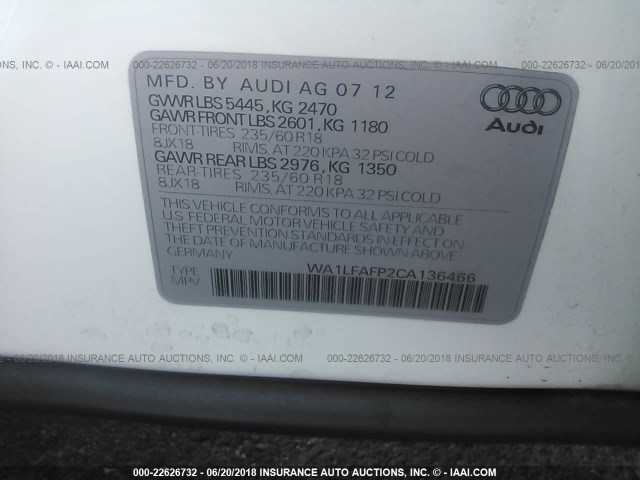 WA1LFAFP2CA136466 - 2012 AUDI Q5 PREMIUM PLUS WHITE photo 9