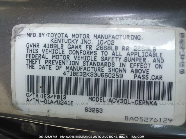 4T1BE32K33U660259 - 2003 TOYOTA CAMRY LE/XLE/SE 灰色 照片 9