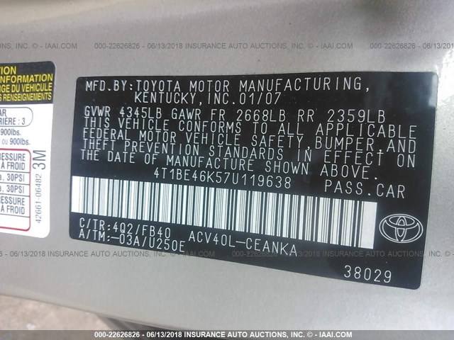 4T1BE46K57U119638 - 2007 TOYOTA CAMRY NEW GENERAT CE/LE/XLE/SE GOLD photo 9