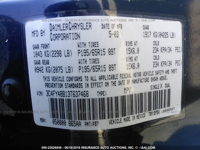 3C4FY48B13T637468 - 2003 CHRYSLER PT CRUISER CLASSIC 深蓝色 照片 9