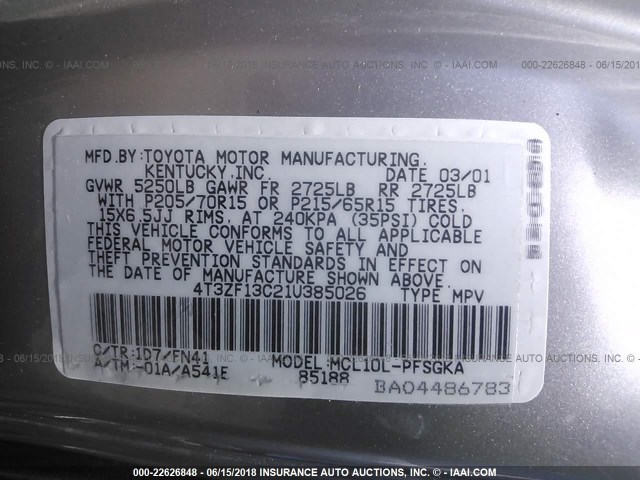 4T3ZF13C21U385026 - 2001 TOYOTA SIENNA LE/XLE SILVER photo 9