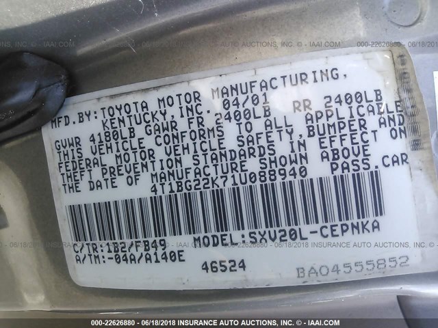 4T1BG22K71U088940 - 2001 TOYOTA CAMRY CE/LE/XLE GRAY photo 9