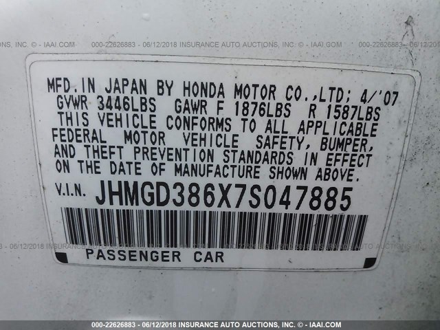 JHMGD386X7S047885 - 2007 HONDA FIT S WHITE photo 9