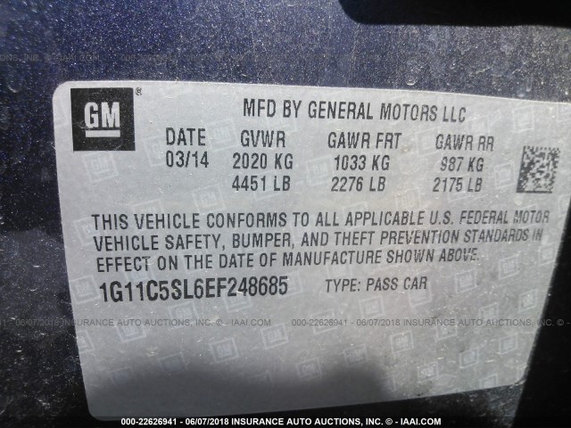 1G11C5SL6EF248685 - 2014 CHEVROLET MALIBU 1LT GRAY photo 9