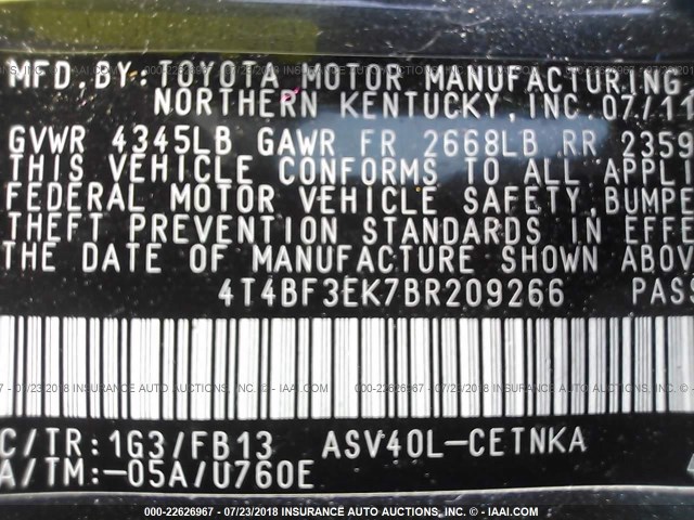 4T4BF3EK7BR209266 - 2011 TOYOTA CAMRY SE/LE/XLE GRAY photo 9