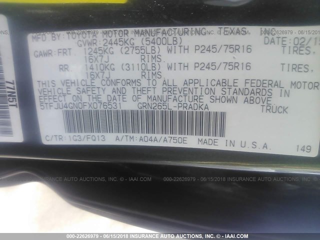 5TFJU4GN0FX076531 - 2015 TOYOTA TACOMA DOUBLE CAB PRERUNNER GRAY photo 9