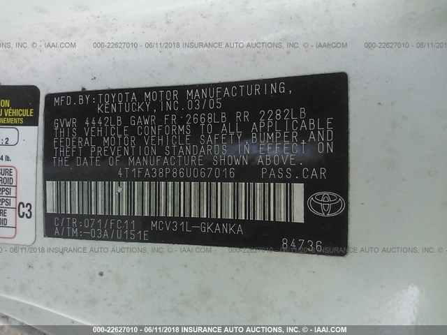 4T1FA38P86U067016 - 2006 TOYOTA CAMRY SOLARA SE/SLE თეთრი ფოტო 9