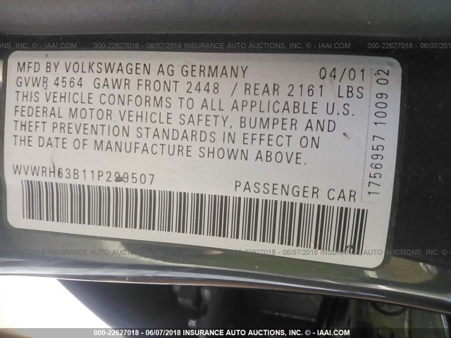 WVWRH63B11P299507 - 2001 VOLKSWAGEN PASSAT GLX 灰色 照片 9