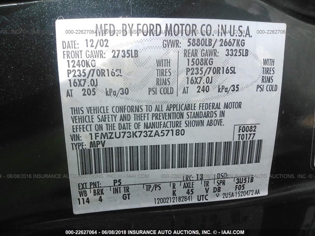 1FMZU73K73ZA57180 - 2003 FORD EXPLORER XLT/XLT SPORT/NBX GREEN photo 9