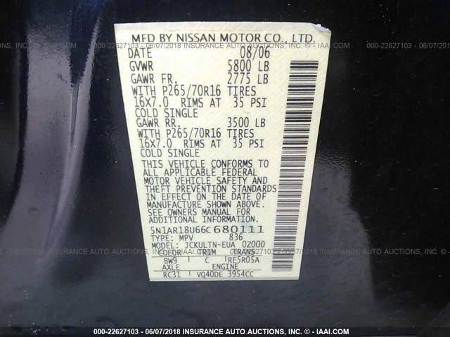 5N1AR18U66C680111 - 2006 NISSAN PATHFINDER LE/SE/XE BLUE photo 9