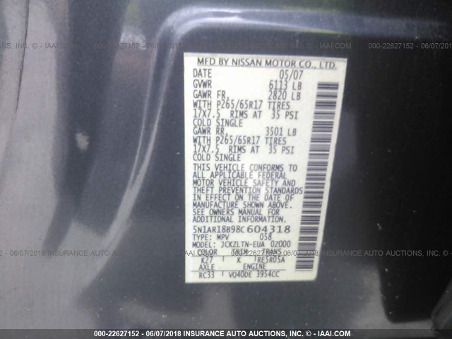 5N1AR18B98C604318 - 2008 NISSAN PATHFINDER S/LE/SE GRAY photo 9