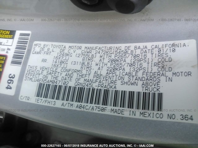 3TMLU4EN5AM047102 - 2010 TOYOTA TACOMA DOUBLE CAB ვერცხლისფერი ფოტო 9