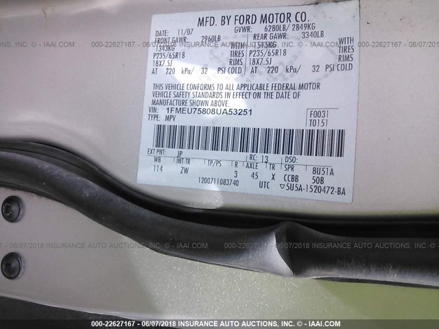 1FMEU75808UA53251 - 2008 FORD EXPLORER LIMITED Gümüş foto 9