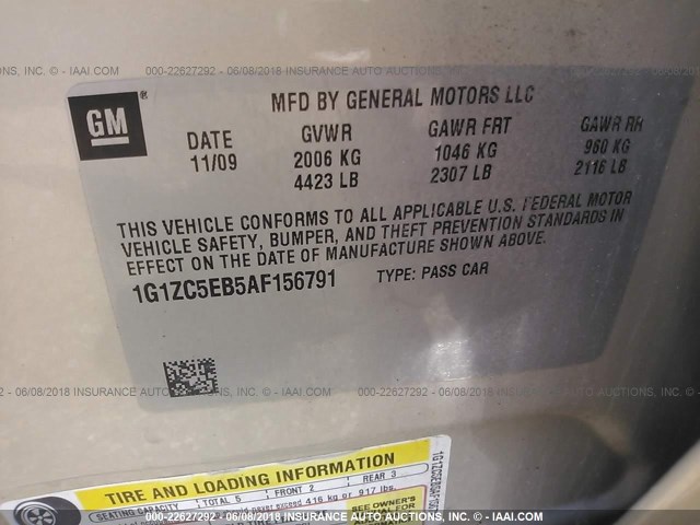 1G1ZC5EB5AF156791 - 2010 CHEVROLET MALIBU 1LT 香槟色 照片 9