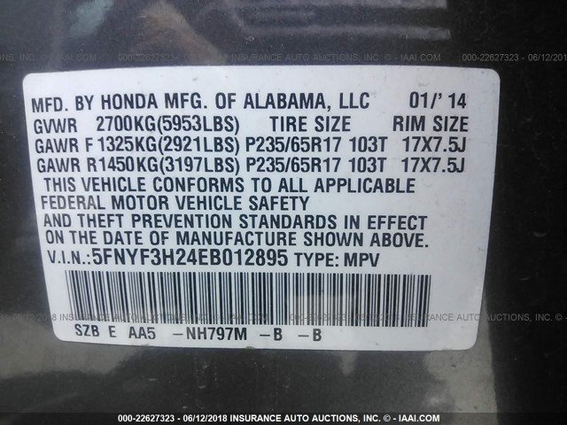 5FNYF3H24EB012895 - 2014 HONDA PILOT LX GRAY photo 9