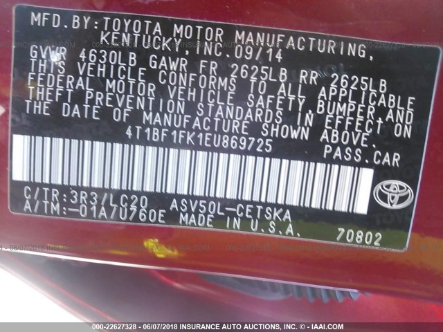 4T1BF1FK1EU869725 - 2014 TOYOTA CAMRY L/SE/LE/XLE 红色 照片 9