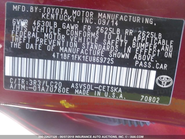 4T1BF1FK1EU869725 - 2014 TOYOTA CAMRY L/SE/LE/XLE RED photo 9