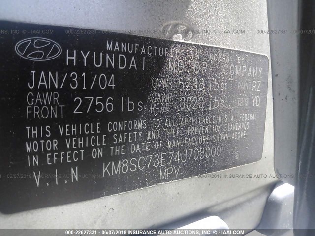 KM8SC73E74U708000 - 2004 HYUNDAI SANTA FE GLS/LX GRAY photo 9