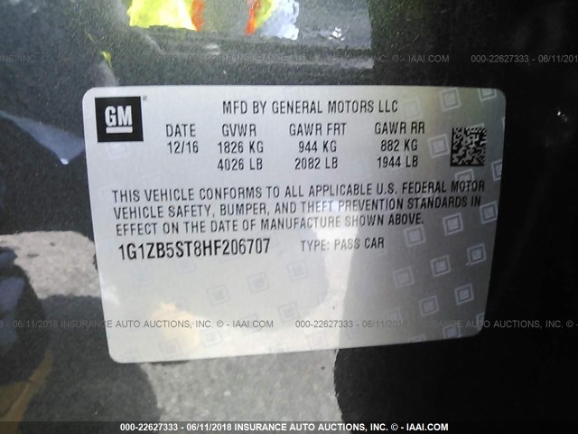 1G1ZB5ST8HF206707 - 2017 CHEVROLET MALIBU LS 灰色 照片 9