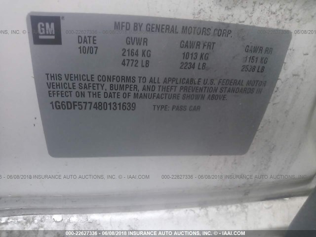 1G6DF577480131639 - 2008 CADILLAC CTS WHITE photo 9