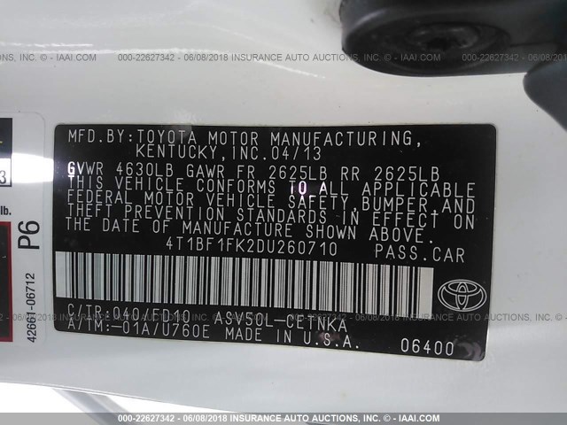 4T1BF1FK2DU260710 - 2013 TOYOTA CAMRY L/SE/LE/XLE თეთრი ფოტო 9