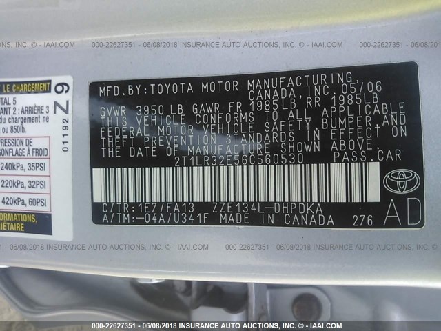 2T1LR32E56C560530 - 2006 TOYOTA COROLLA MATRIX XR GRAY photo 9