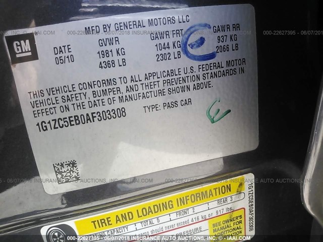 1G1ZC5EB0AF303308 - 2010 CHEVROLET MALIBU 1LT 黑色 照片 9