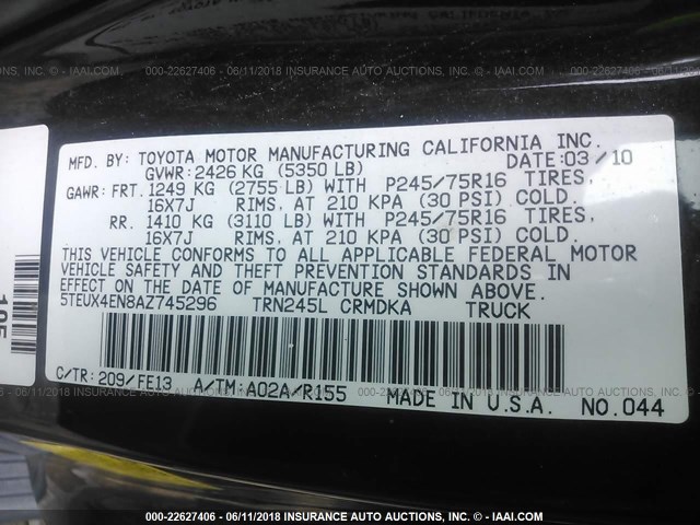 5TEUX4EN8AZ745296 - 2010 TOYOTA TACOMA ACCESS CAB Қара фото 9