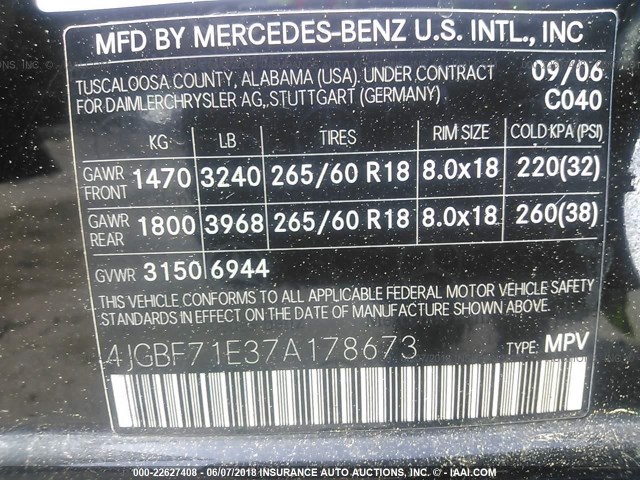 4JGBF71E37A178673 - 2007 MERCEDES-BENZ GL 450 4MATIC BLACK photo 9