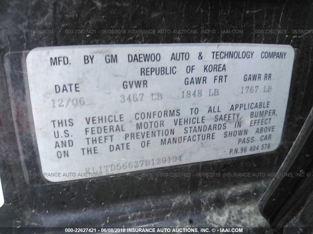 KL1TD56627B129194 - 2007 CHEVROLET AVEO LS BLACK photo 9