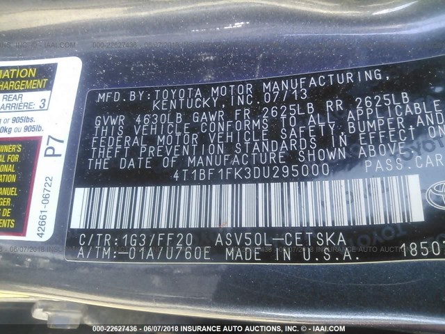 4T1BF1FK3DU295000 - 2013 TOYOTA CAMRY L/SE/LE/XLE 灰色 照片 9