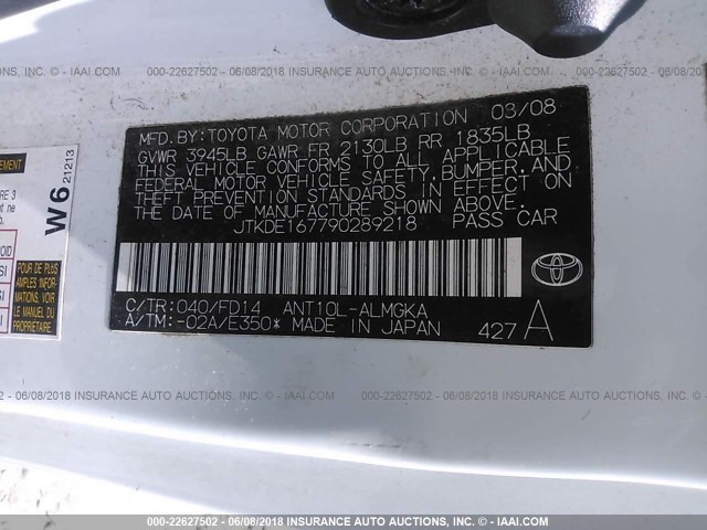 JTKDE167790289218 - 2009 TOYOTA SCION TC 白色 照片 9