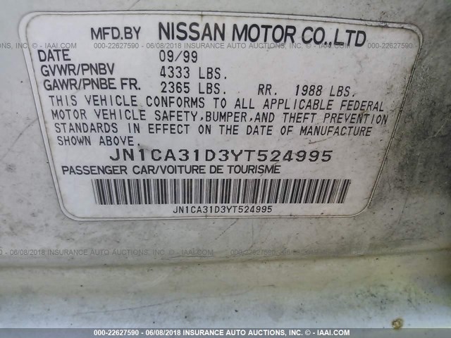 JN1CA31D3YT524995 - 2000 NISSAN MAXIMA GLE/GXE/SE WHITE photo 9