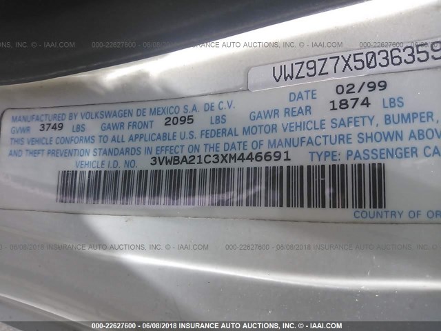 3VWBA21C3XM446691 - 1999 VOLKSWAGEN NEW BEETLE GL 白色 照片 9