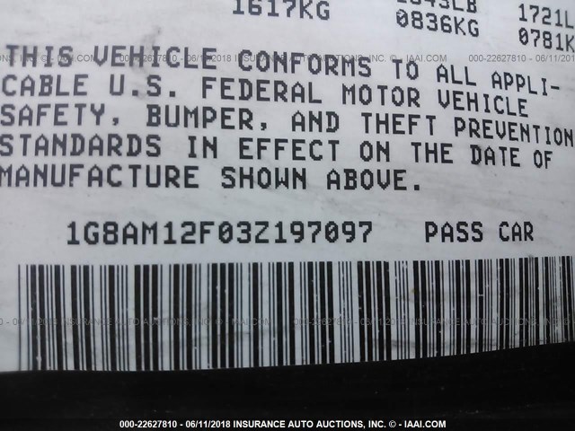 1G8AM12F03Z197097 - 2003 SATURN ION LEVEL 2 GRAY photo 9